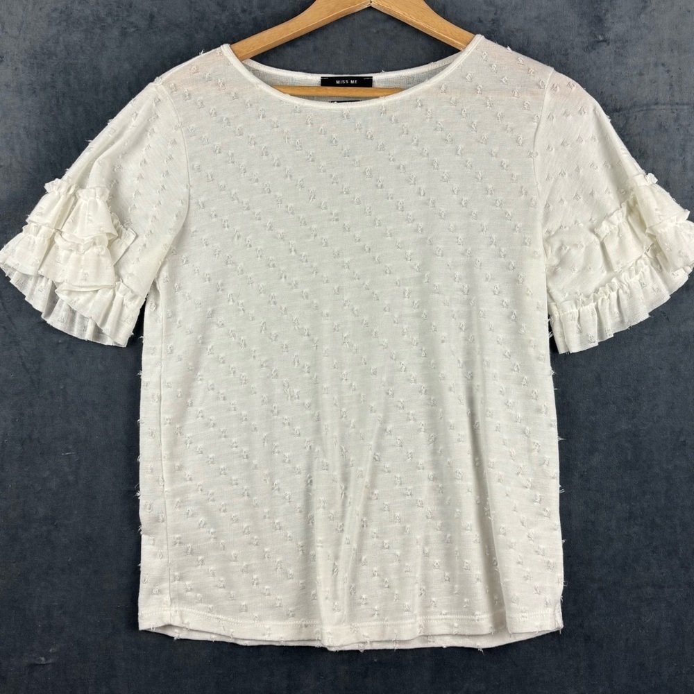 Miss Me Oversized White, Textured Ruffled Short Sleeve Blouse Sz S